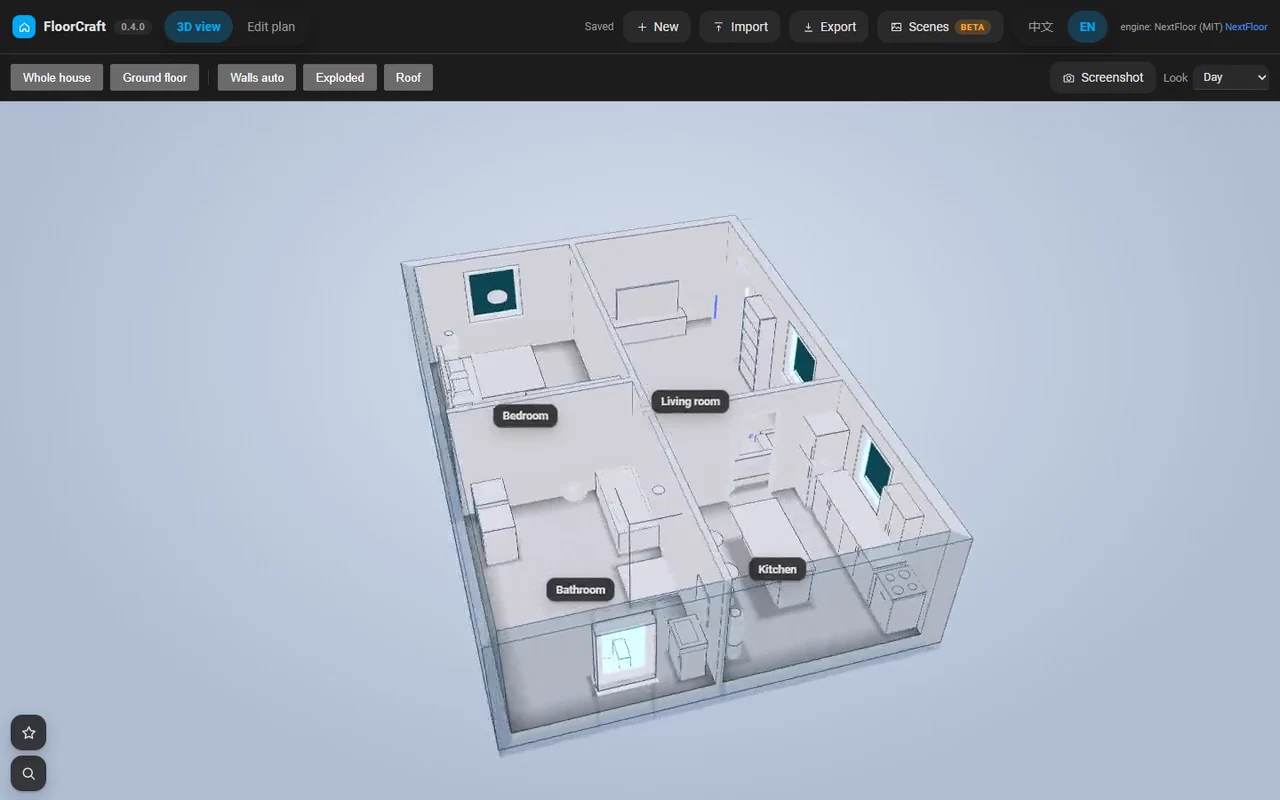 FloorCraft: a blank sheet grows into a four-room floor plan, then the same plan comes alive in 3D