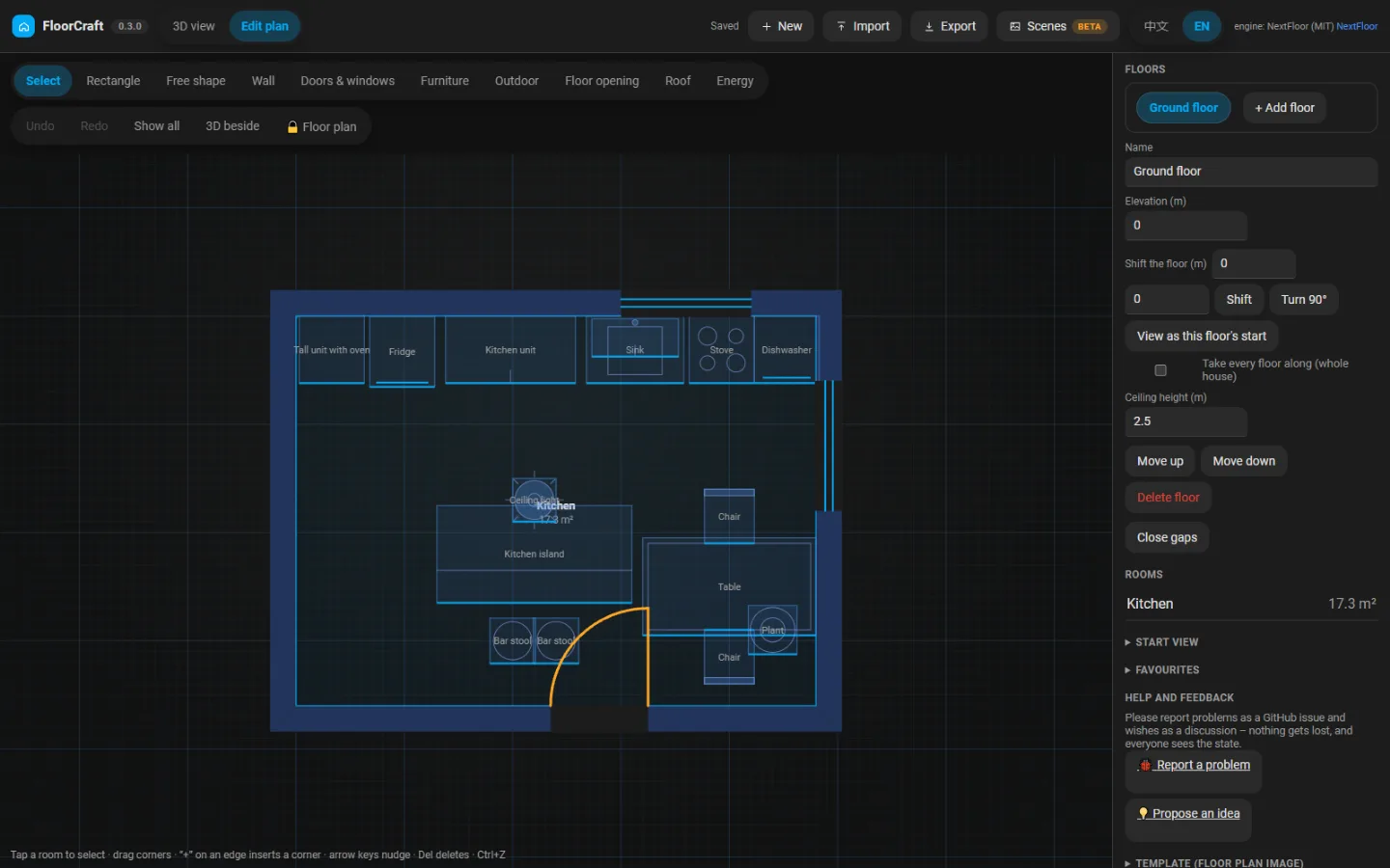 FloorCraft 2D plan editor showing a kitchen layout with furniture, floor properties and the tool palette